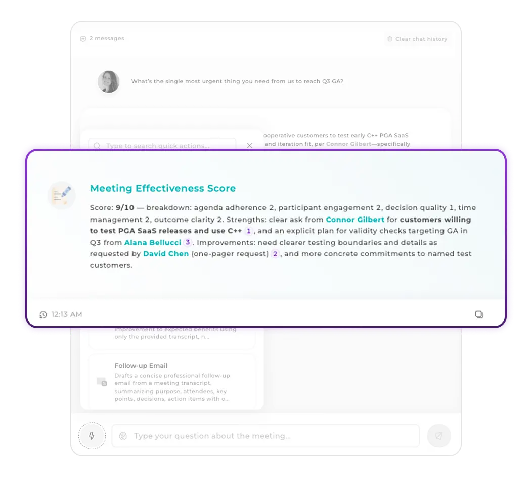 Meeting transcript with quick action menu showing one-click prompt execution