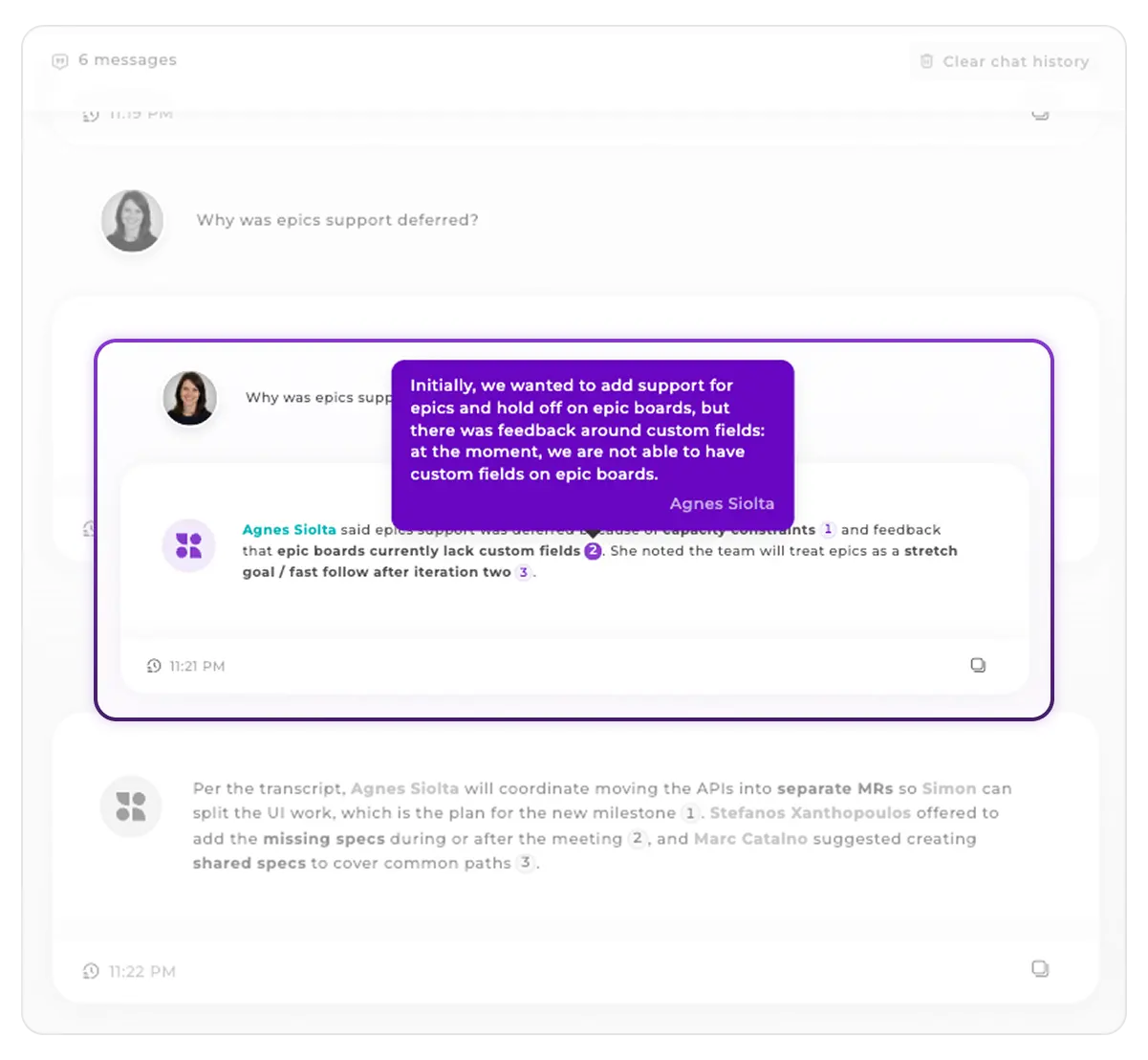 AI meeting answers with clickable citations showing verified sources quotes timestamps and speaker names from meeting transcript