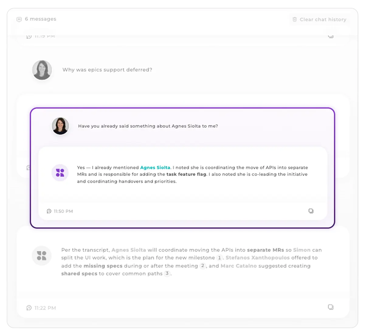 Conversational AI meeting assistant maintaining context across multiple questions with follow-up answers and memory features