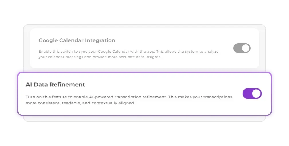 AI-driven refinement interface showing filtered and enhanced transcript content