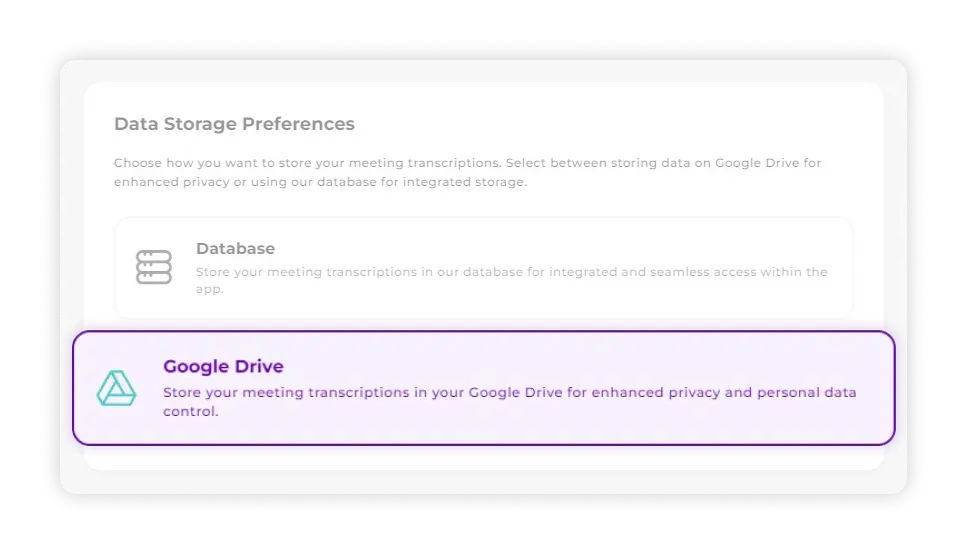 Automatic transcript storage interface showing Google Drive integration and organized folders