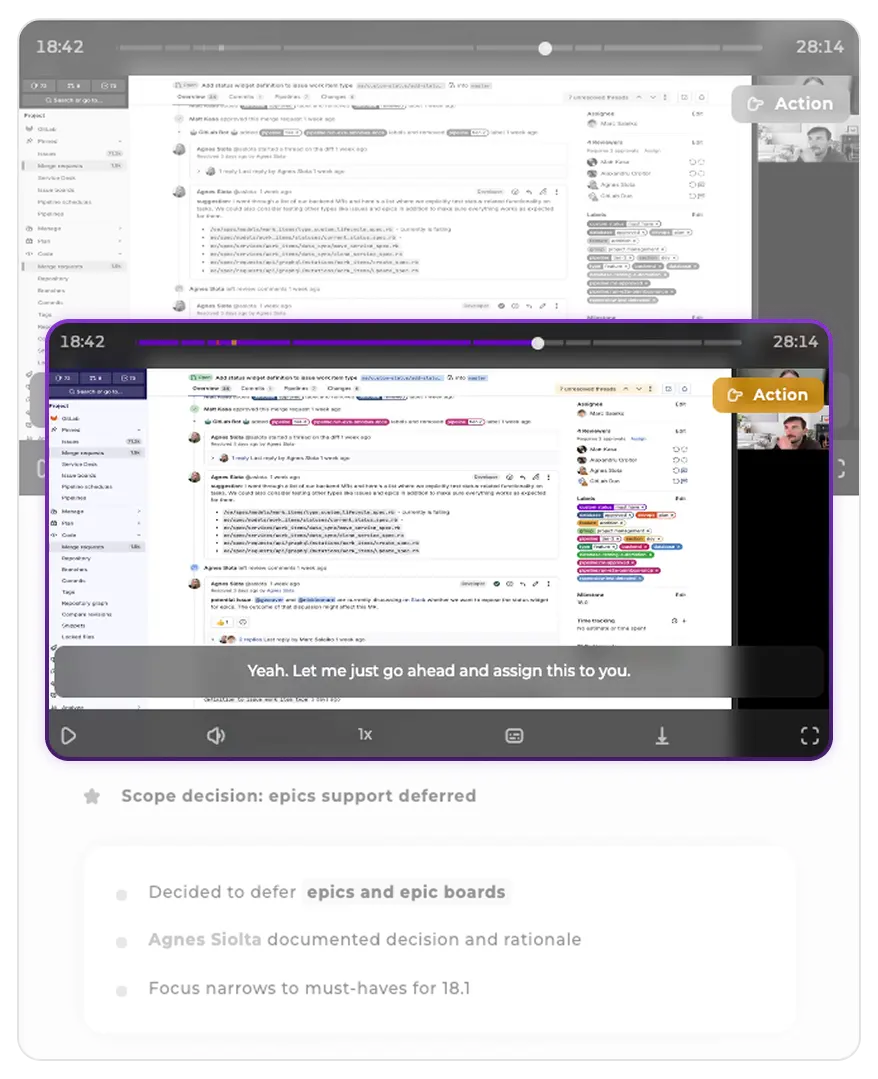 Video timeline with highlight markers showing key meeting moments with audio indicators