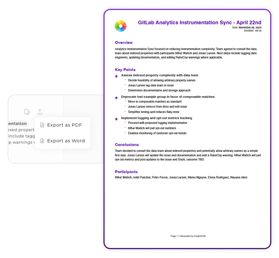 Export menu showing PDF and Word options with branded document preview