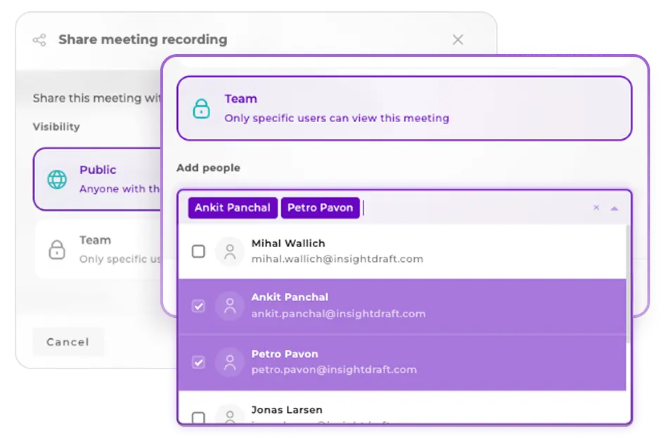 Sharing dialog showing team member selection and public link generation options