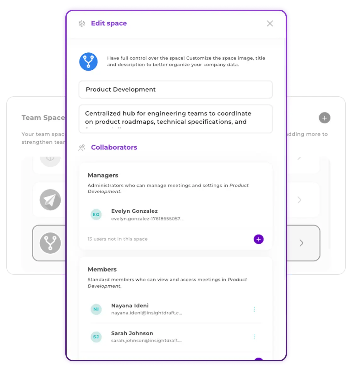 Workspace collaboration features showing cross-workspace sharing and granular user permissions