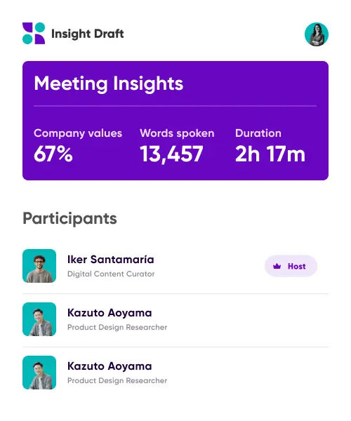 Meeting insights dashboard with company values and participant data