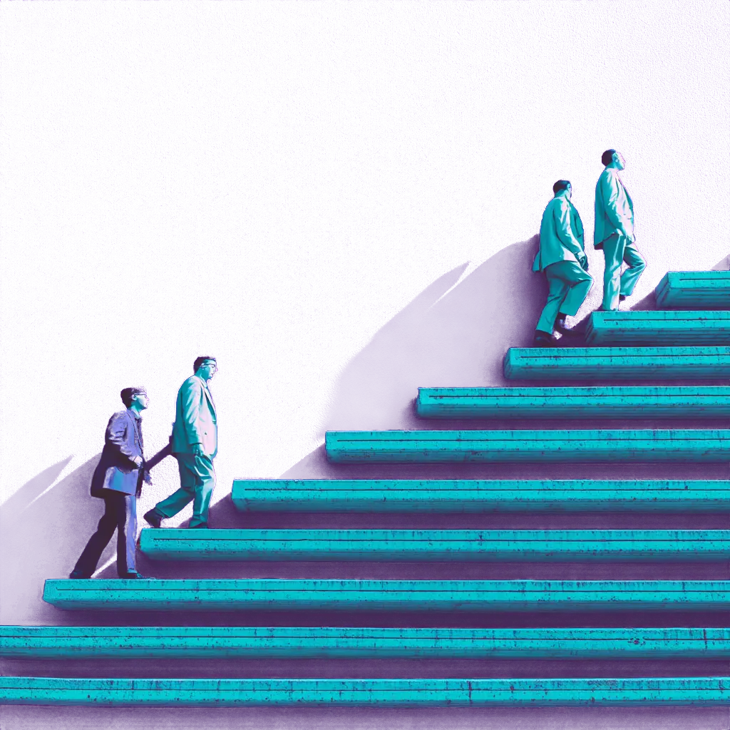 Business team ascending illuminated stairs representing productivity transformation